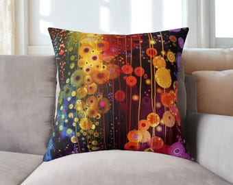 Throw Pillow, Gustav Klimt Inspired Square Poly Canvas Colorful Botanical Floral Funky Boho Pillow w/Filling, Decorative Nature Pillow