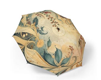 Gustav Klimt Inspired Semi-Automatic 48" Foldable Umbrella, Colorful Floral Rain or Beach Umbrella, Baby Shade, Gift for Grandma Gardener