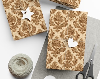 May include: Gift-wrapped presents with a brown floral pattern, tied with twine and adorned with white star and heart-shaped tags. A ball of twine, scissors, and additional tags are also present, suggesting a crafting or gift-giving theme.