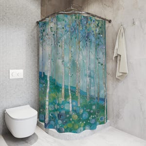 Gustav Klimt Inspired Woodland Green Shower Curtain, Long Floral Botanical Boho Bathroom Décor, Funky, Colorful and Unique Shower Décor image 5