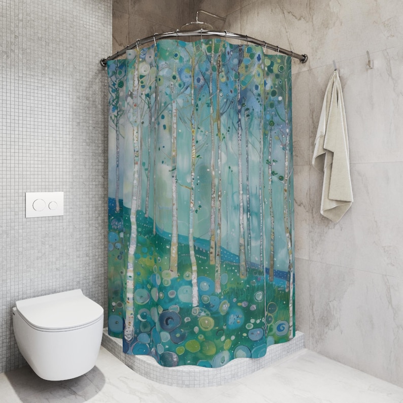 Gustav Klimt Inspired Woodland Green Shower Curtain, Long Floral Botanical Boho Bathroom Décor, Funky, Colorful and Unique Shower Décor image 5