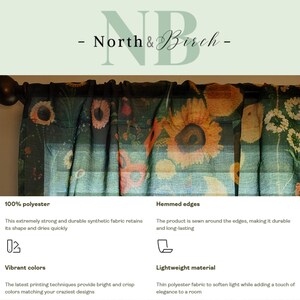 May include: Floral print curtains with sunflowers in shades of yellow, orange, and white against a dark green background. The curtains are made of 100% polyester and have hemmed edges. The brand name "North & Birch" is at the top.