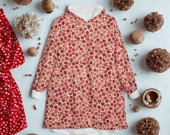 Unisex Hooded Blanket, Oversized Wearable Hoodie Blanket, One Size Fits All, Outdoor Softball Snuggly Hoodie Cloak, Cute Strawberry Design