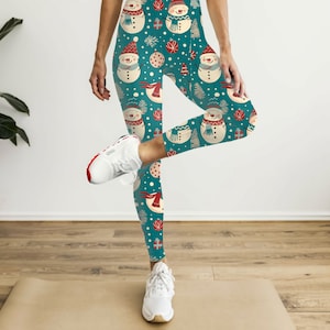 Snowmen Leggings, High Waisted Yoga Leggings (AOP), Christmas Tights, White Elephant Gift, Christmas Patterned Leggings, Fun Gift for Her