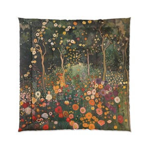 May include: Comforter featuring a floral landscape painting with a dark green background. The artwork depicts a vibrant garden with colorful flowers in shades of red, orange, yellow, and purple, and slender trees.