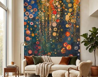 Gustav Klimt inspirierte Innen-Wandteppiche, Blumenwald Botanische Natur Großer Wandteppich, holzige Wanddekoration