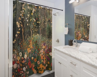 Gustav Klimt Inspired Woodland Green Shower Curtain, Long Floral Botanical Boho Bathroom Décor, Funky, Colorful and Unique Shower Décor