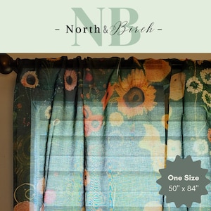 May include: Floral print curtain panel featuring sunflowers in shades of yellow, orange, and pink against a dark teal background. The text "North & Birch" is at the top. The curtain measures 50" x 84".
