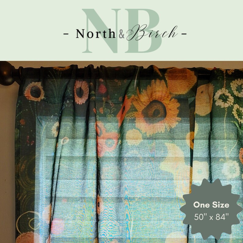 May include: Floral print curtain panel featuring sunflowers in shades of yellow, orange, and pink against a dark teal background. The text "North & Birch" is at the top. The curtain measures 50" x 84".