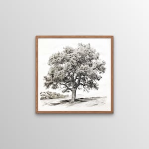 Arte mural de roble imponente, impresión digital, elegante arte mural imprimible, decoración rústica, boceto vintage en blanco y negro.