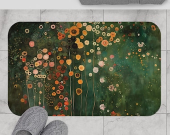 Bath Mat, Gustav Klimt Inspired Unique Cute Bathroom Rug Mat, Colorful Green Shower Bathmat, Pretty Bathroom Accessories