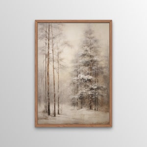 Snowy Trees Wall Art, wydruk cyfrowy, elegancka drukowana sztuka ścienna, wystrój wiejskiego domu, zimowy krajobraz, wydruk do pobrania, wystrój kabiny