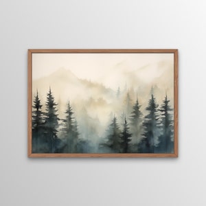 May include: A watercolour painting of a misty forest scene with tall, dark green pine trees in the foreground and a hazy, golden background.