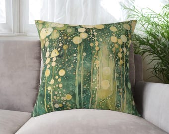 Throw Pillow, Gustav Klimt Inspired Square Poly Canvas Forest Green Botanical Floral Funky Boho Pillow w/Filling, Decorative Nature Pillow