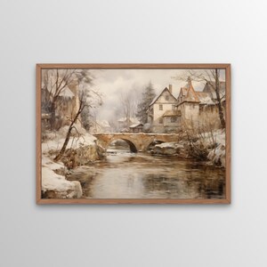 River Town Wall Art, Digital Print, Elegant Printable Wall Art, Vintage European Landscape