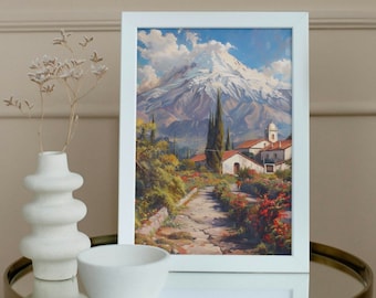 Vintage Chile Wall Art Painting, Instant Digital Download, Scenic Landscape, Mountain Artwork, Landscape Painting, South America, Latino Art