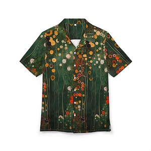May include: Short-sleeved button-down shirt with a floral pattern in shades of green, orange, yellow, and white. The shirt features a classic collar and button closure. The design is reminiscent of a painting.