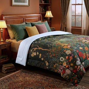 May include: A bed with a dark green comforter featuring a floral design in red, yellow, and white. The bed has several pillows in shades of green, yellow, and pink. A wooden headboard and nightstand with a lamp complete the scene.