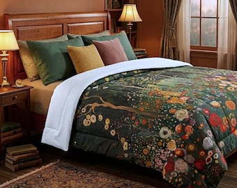Gustav Klimt Inspired Bedspread, Green Botanical Summer Lightweight Bed Cover, Twin Full Queen King Coverlet, Bed Cover, Bedding, Bed Topper