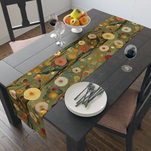 Table Runner (Cotton, Poly), Gustav Klimt Inspired Long Floral Earthy Spring, Autumn, Thanksgiving or Christmas Custom Table Runner