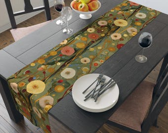 Tafelloper (katoen, polyester), door Gustav Klimt geïnspireerde lange bloemen aardse lente, herfst, Thanksgiving of kerst aangepaste tafelloper