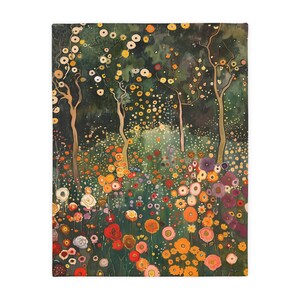 May include: A painting of a field of colorful flowers with trees in the background. The flowers are in shades of red, orange, yellow, pink, purple, and white. The trees are green and have white blossoms.