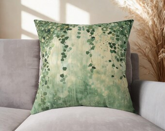Throw Pillow, Gustav Klimt Inspired Square Poly Canvas Forest Green Botanical Floral Funky Boho Pillow w/Filling, Decorative Nature Pillow