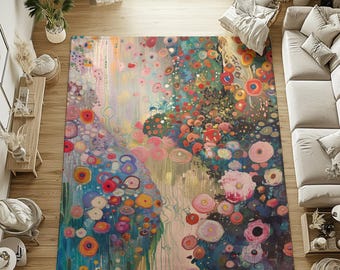 Alfombra inspirada en Gustav Klimt. Original, colorida y única. Alfombra o tapete de baño con estampado personalizado. Disponible en 3 tamaños: 61 x 91 cm, 91 x 152 cm y 122 x 183 cm.
