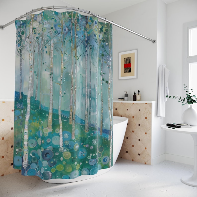 Gustav Klimt Inspired Woodland Green Shower Curtain, Long Floral Botanical Boho Bathroom Décor, Funky, Colorful and Unique Shower Décor image 4