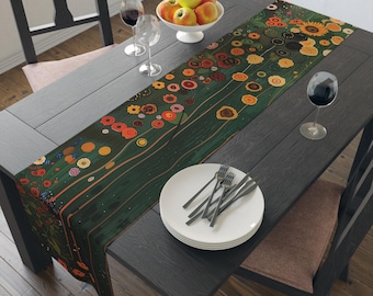 Tafelloper, op Gustav Klimt geïnspireerde lange groene bloemen aardse lente, herfst, Thanksgiving of kerst Aangepaste tafelloper