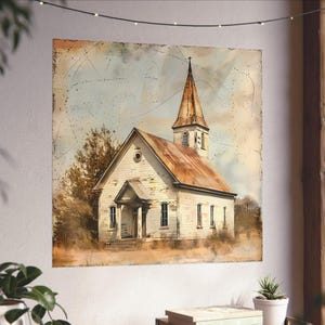 Fine Art Poster, Old Church Vintage Painting, Elegant Farmhouse Wall Art, Barn Wood Style Decor, Gift for Christians, House Warming Gift