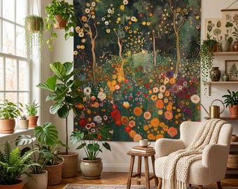 May include: A large rectangular wall tapestry measuring 88 inches by 104 inches, featuring a dark green forest scene filled with vibrant orange, yellow, and red flowers. The artwork depicts stylized trees and a dense, colorful floral meadow.