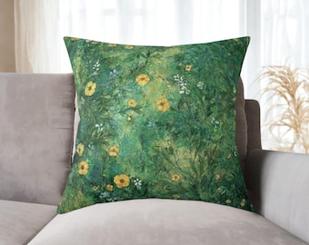 Throw Pillow, Gustav Klimt Inspired Square Poly Canvas Forest Green Botanical Floral Funky Boho Pillow w/Filling, Decorative Nature Pillow