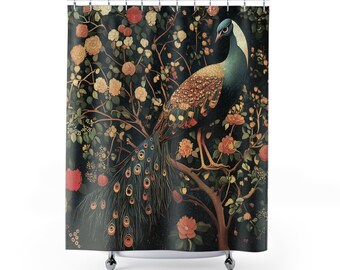 Shower Curtain, William Morris Inspired Peacock Botanical Woodland 71" x 74" Long  Floral Boho Bathroom Décor, Cool Shower Curtains
