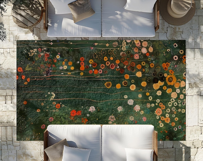 Gustav Klimt Inspired Outdoor Rug, Funky, Colorful, & Unique Outdoor Décor, 4 Sizes - 24x36 in, 36x60 in, 48x72 in, 60 x 84 in, Design #143