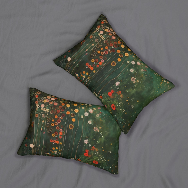 Cojín lumbar de poliéster hilado, 51 x 35,5 cm (20" x 14"), inspirado en Klimt, cojín bohemio botánico verde con relleno, cojín decorativo de naturaleza, n.° 143 imagen 5
