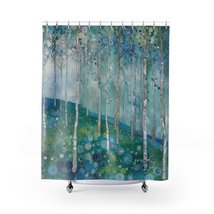 Gustav Klimt Inspired Woodland Green Shower Curtain, Long Floral Botanical Boho Bathroom Décor, Funky, Colorful and Unique Shower Décor image 2