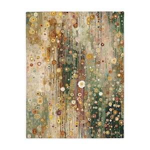 May include: Abstract art print featuring a pattern of overlapping circles in shades of green, brown, yellow, and white. The design has a vertical flow, with a single white flower in the center. The artwork is a decorative piece.