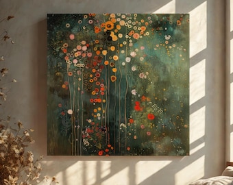 Lienzo mate, tensado, 1,9 cm (varios tamaños), lámina artística inspirada en Gustav Klimt, arte mural botánico floral verde moderno.