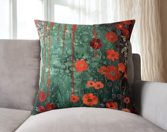 Throw Pillow, Gustav Klimt Inspired Square Poly Canvas Forest Green Botanical Floral Funky Boho Pillow w/Filling, Decorative Nature Pillow