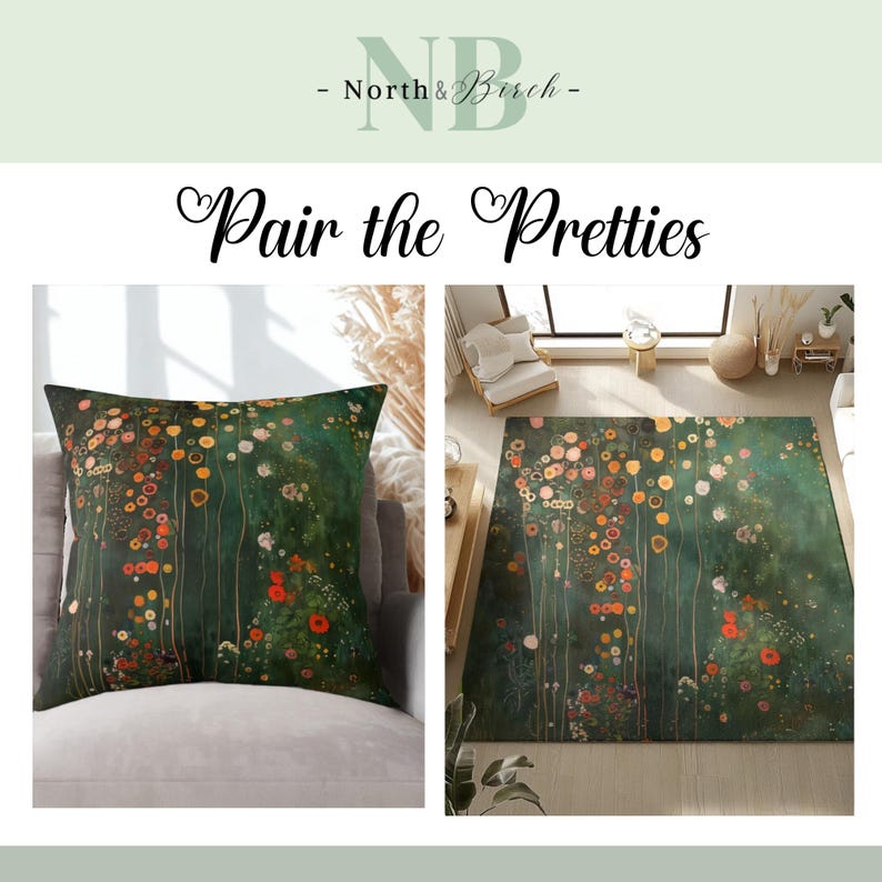 K&ouml;nnte beinhalten: Ein Kissen- und Teppich-Set mit floralem Design auf dunkelgr&uuml;nem Hintergrund. Das Kissen ist quadratisch und der Teppich rechteckig. Das Blumenmuster umfasst orange, gelbe und wei&szlig;e Blumen. Der Text "Pair the Pretties" wird angezeigt.