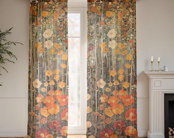 Sheer Window Curtain (1 Panel), 4" Rod Pocket, 1 Sided Print, 50" x 84", Gustav Klimt Inspired Woodland Floral Botanical Living Room Drapes