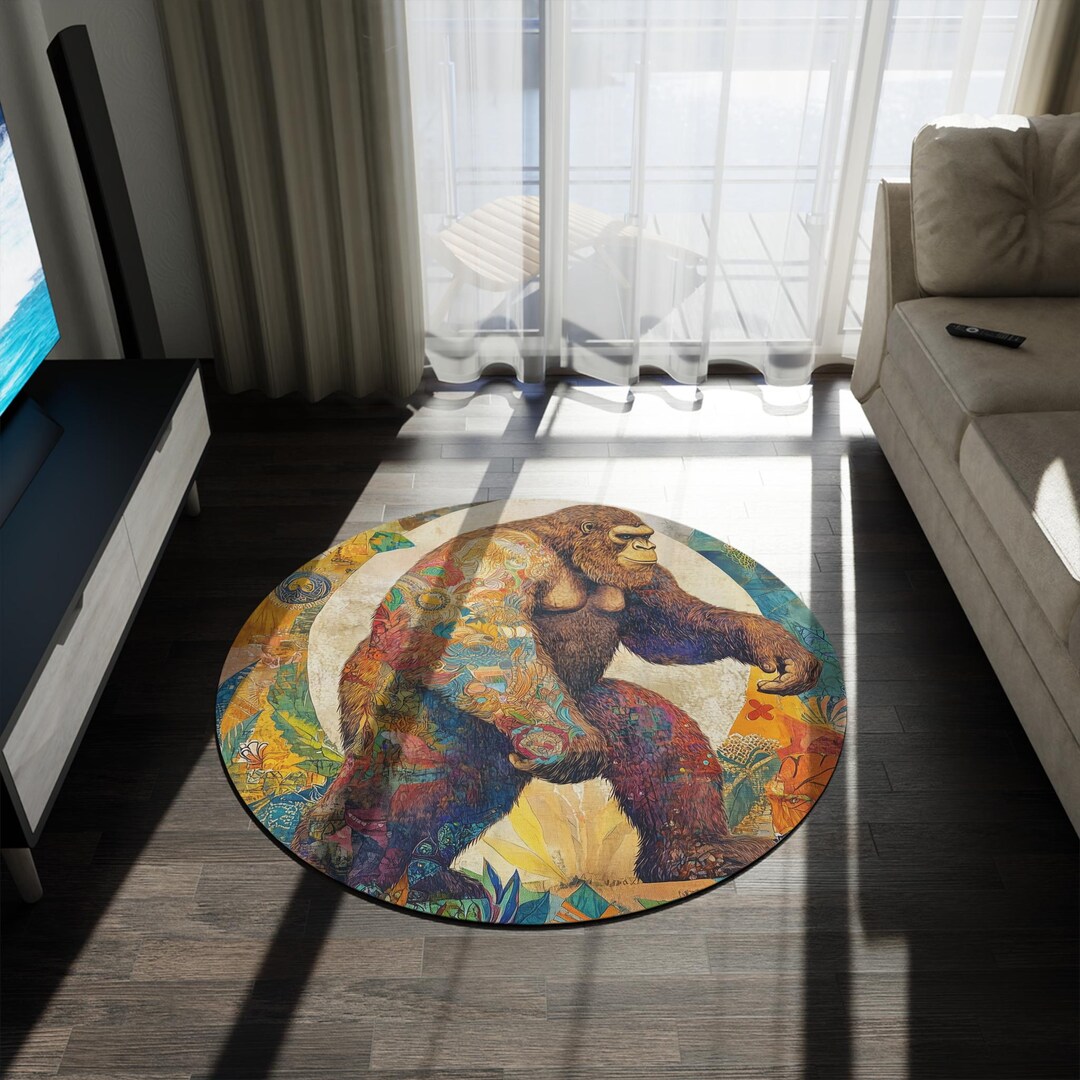 Round Rug for Bigfoot Fans, Funky Sasquatch Area Rug, Colorful Yeti ...