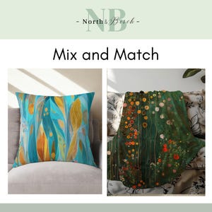 K&ouml;nnte beinhalten: Zwei dekorative Kissen und eine Decke. Ein Kissen zeigt ein abstraktes Blattmuster in T&uuml;rkis, Gelb und Orange. Das andere Kissen und die Decke haben ein Blumenmuster mit gr&uuml;nen, orangen und wei&szlig;en Farben. Der Text "Mix and Match" wird angezeigt.