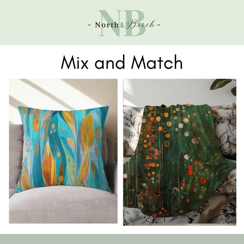 K&ouml;nnte beinhalten: Zwei dekorative Kissen und eine Decke. Ein Kissen zeigt ein abstraktes Blattmuster in T&uuml;rkis, Gelb und Orange. Das andere Kissen und die Decke haben ein Blumenmuster mit gr&uuml;nen, orangen und wei&szlig;en Farben. Der Text "Mix and Match" wird angezeigt.