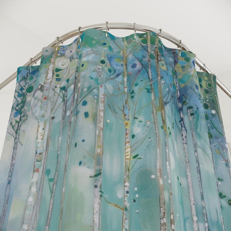Gustav Klimt Inspired Woodland Green Shower Curtain, Long Floral Botanical Boho Bathroom Décor, Funky, Colorful and Unique Shower Décor image 3