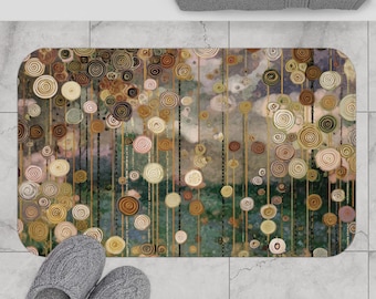Alfombra de baño única e inspirada en Gustav Klimt, colorida y verde, accesorios de baño muy bonitos.