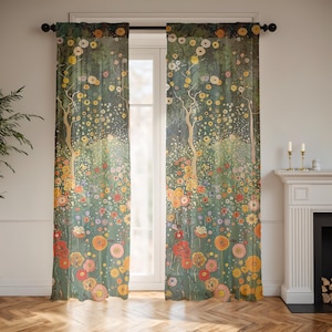 May include: Two sheer window curtains with a floral design. The curtains feature a dark green background with a colorful array of flowers in shades of yellow, orange, red, and purple. The design includes stylized trees.