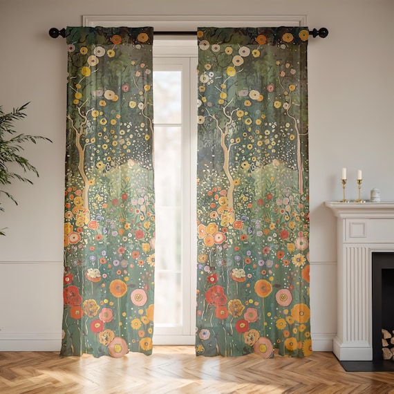 Sheer Window Curtain (1 Panel), 4" Rod Pocket, 1 Sided Print, 50" x 84", Gustav Klimt Inspired, Woodland Floral Botanical Living Room Drapes