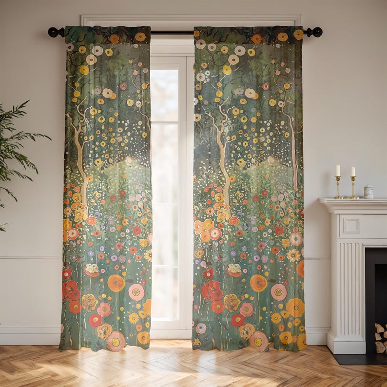 May include: Two sheer window curtains with a floral design. The curtains feature a dark green background with a colorful array of flowers in shades of yellow, orange, red, and purple. The design includes stylized trees.